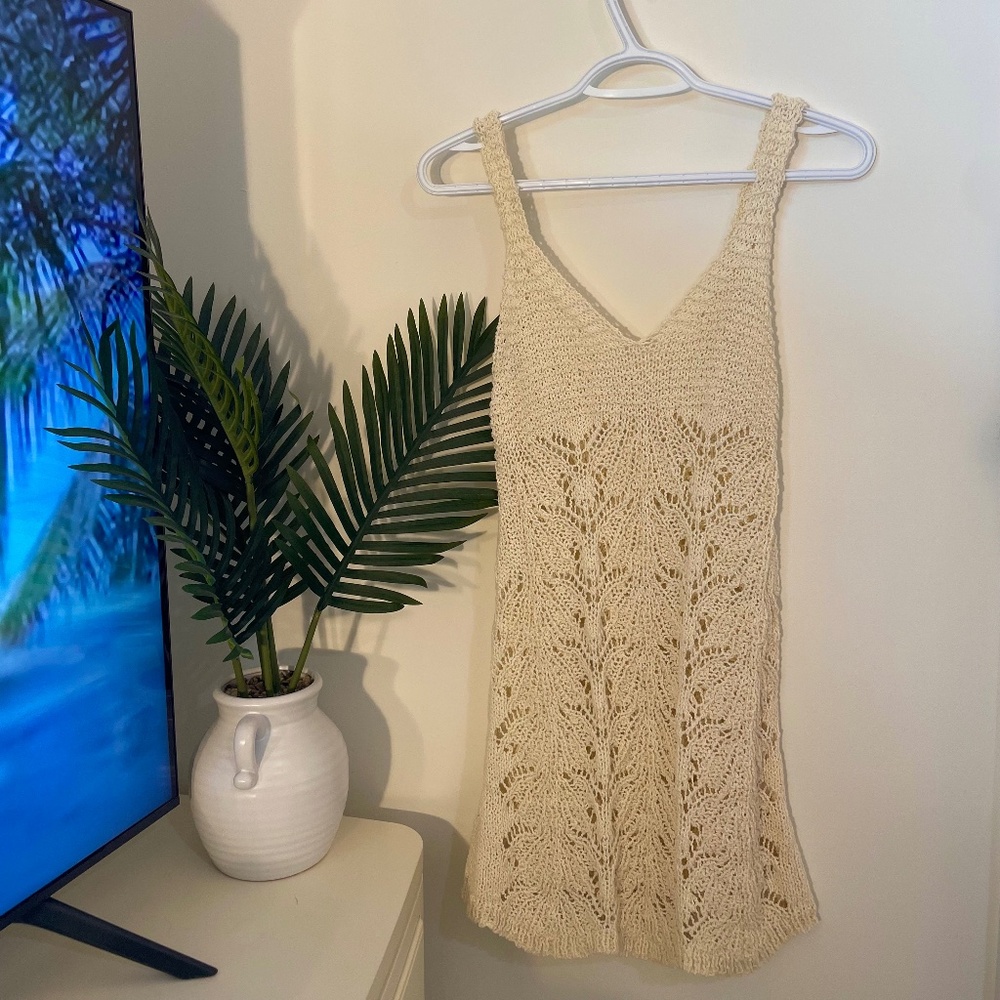 L*SPACE Crochet Knit Mini Dress / Beach Cover-Up – Cream – XS